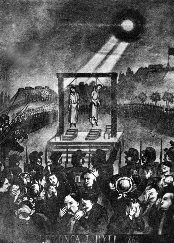 Okolicznościowa pocztówka upamiętniająca egzekucję Ludwika Rylla i Jana Rzońcy 26 VIII 1861 r.