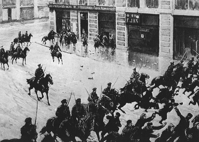 Szarża kozaków na demonstrantów podczas strajku powszechnego w Warszawie 29 I 1905 r.